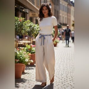 NEW Free People Buckle Back Striped Cotton Pant High Rise Wide Leg Casual Size 8